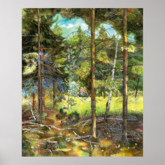 Affiche Peinture de la forêt de pin aquarelle