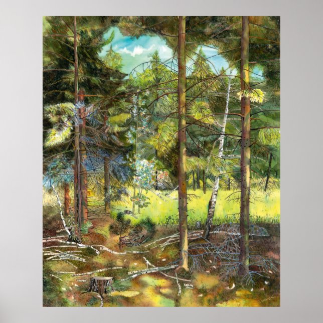Affiche Peinture de la forêt de pin aquarelle (Devant)
