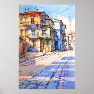 Affiche Peinture de la vieille rue de Tirana en Albanie