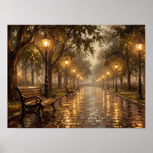 Affiche Peinture de lampe de parc de nuit pluvieux
