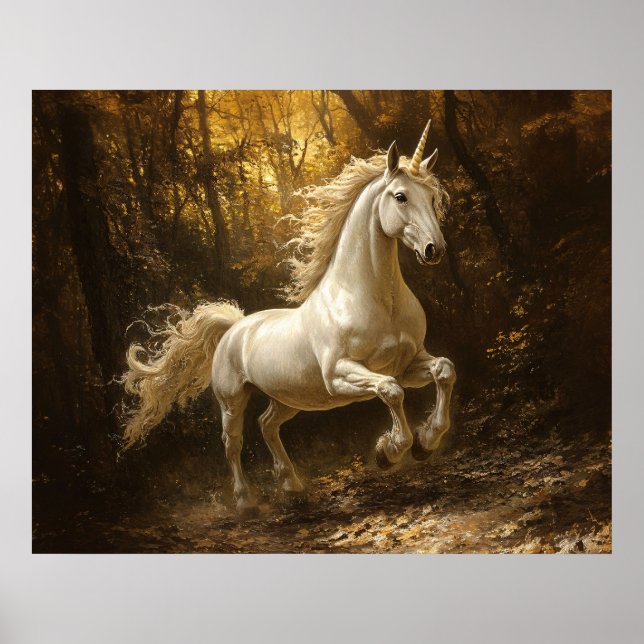 Affiche Peinture de licorne courant à travers la forêt (Devant)