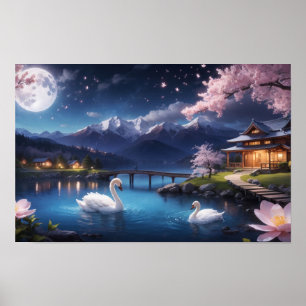 Affiche Peinture de merveilleuse nuit Japon arbre Sakura