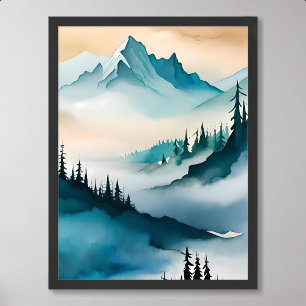 Affiche peinture de montagne bleu colline brouillard nuage