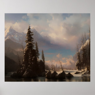 Affiche Peinture de montagne de neige au lac - paysage art