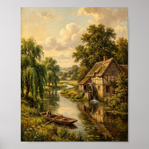 Affiche Peinture de moulin à eau anglais à toit de chaume