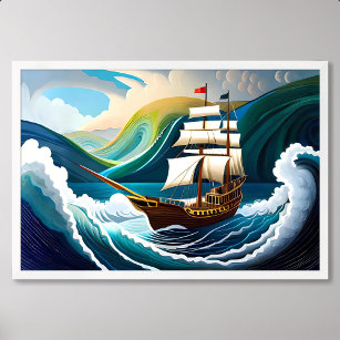 Affiche peinture de navire s'enclenchant dans l'orage par 