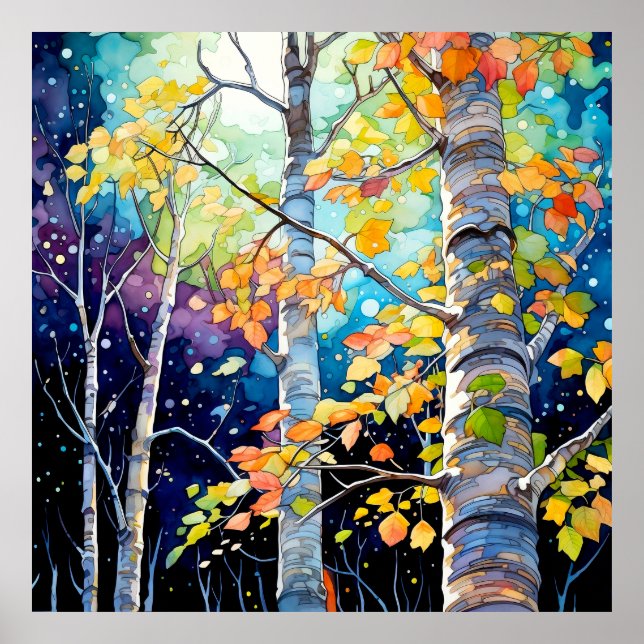 Affiche Peinture de nuit de forêt d'automne (Devant)