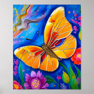 Affiche Peinture de papillon sur un arrière - plan bleu