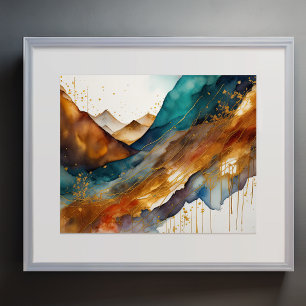 Affiche Peinture de paysage abstrait or rouille bleu