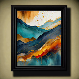 Affiche Peinture de paysage abstrait or rouille bleu