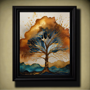 Affiche Peinture de paysage abstrait or rouille bleu