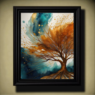 Affiche Peinture de paysage abstrait or rouille bleu