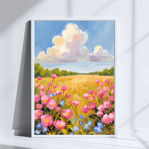 Affiche Peinture de paysage de champ de fleurs roses