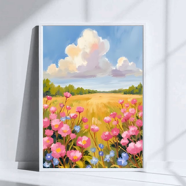 Affiche Peinture de paysage de champ de fleurs roses (Créateur téléchargé)