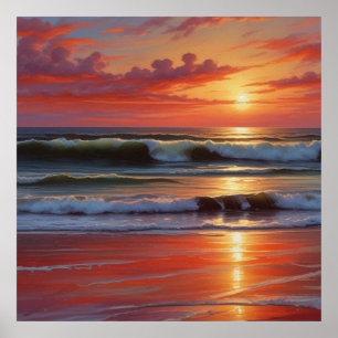 Affiche Peinture de paysage marin au coucher du soleil rou
