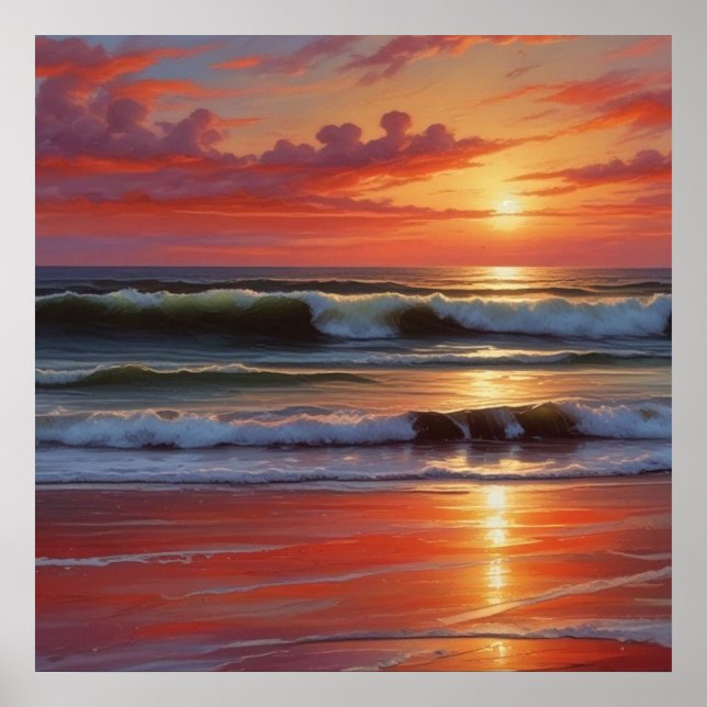 Affiche Peinture de paysage marin au coucher du soleil rou (Devant)