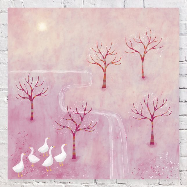 Affiche Peinture de paysage rose (Modern pink orchard landscape with trees and geese by Nic Squirrell)