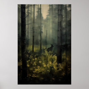 Affiche Peinture de paysage vintage d'animal en forêt