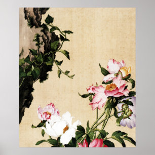 Affiche Peinture de pivoine rose et de roche de lettré dan