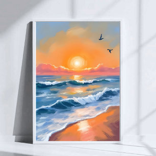 Affiche Peinture de plage à l'aquarelle au coucher du sole