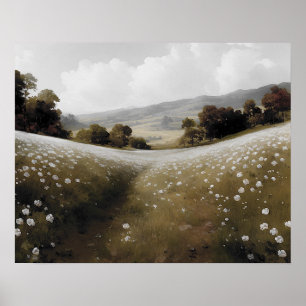 Affiche Peinture de prairie fleur sauvage blanc vintage