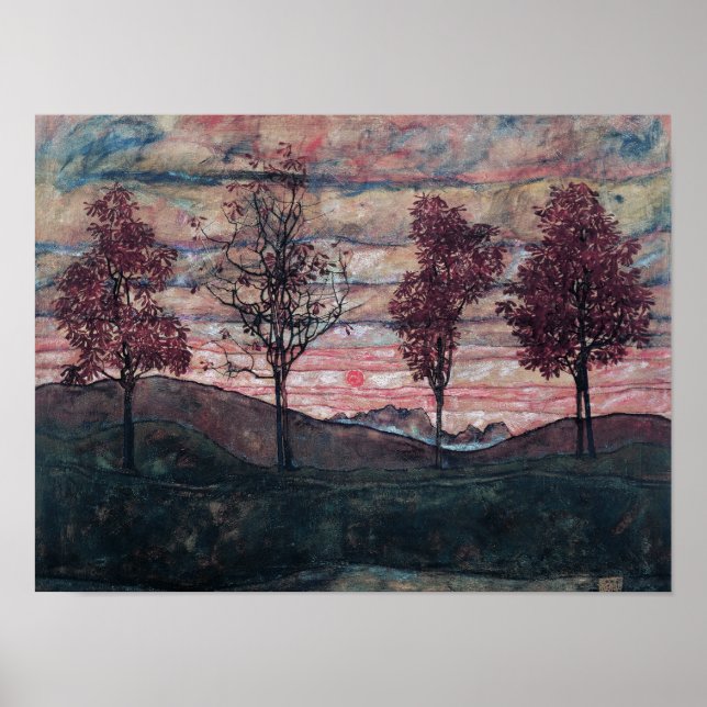 Affiche Peinture de quatre arbres par Egon Schiele (Devant)