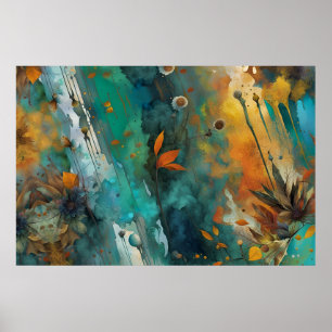 Affiche Peinture de récolte d'automne Turquoise Rouille Or