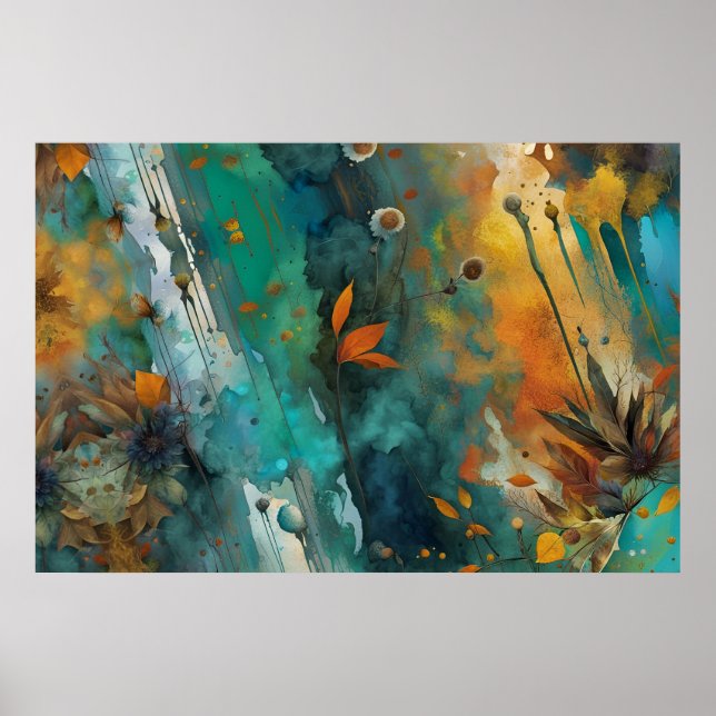 Affiche Peinture de récolte d'automne Turquoise Rouille Or (Devant)