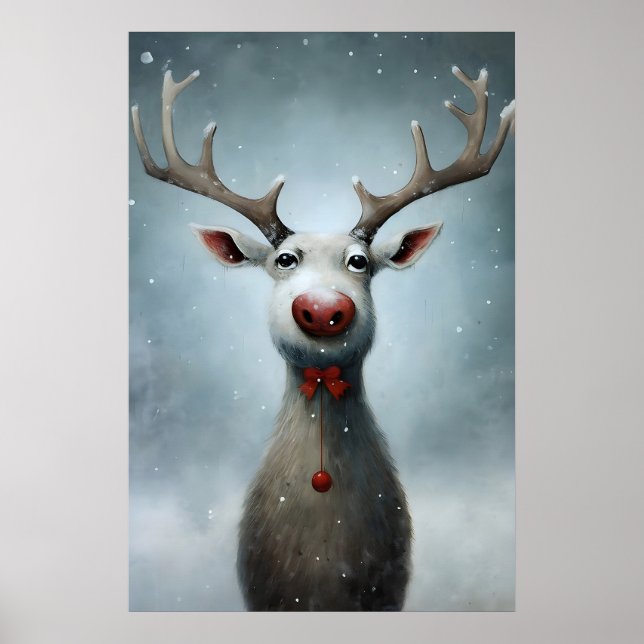 Affiche Peinture de rennes de Noël, mur d'hiver rustique (Devant)