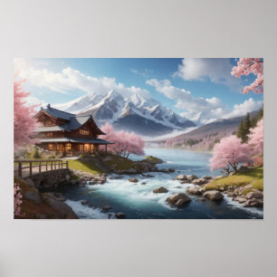 Affiche Peinture de Sakura japonais merveilleux avec la ri