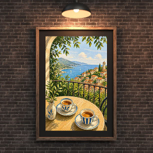 Affiche Peinture de scène de café sur un balcon méditerran