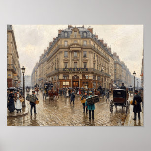 Affiche Peinture de scène de rue pluvieuse à Paris