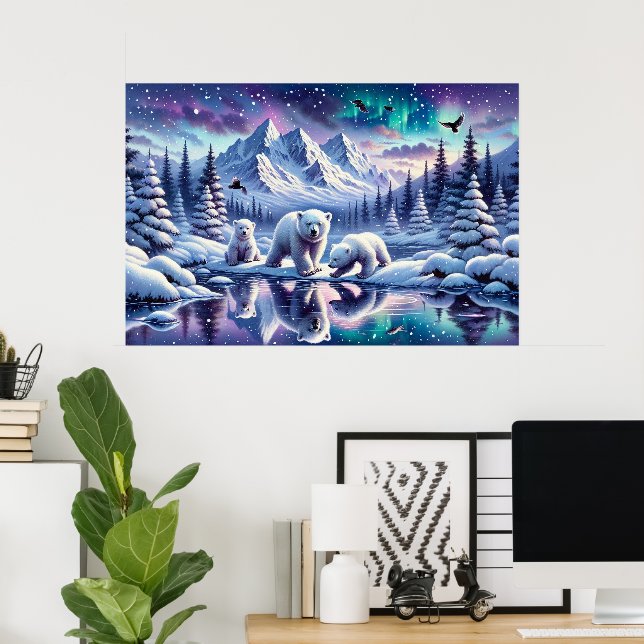 Affiche Peinture de scène enneigée de famille d'ours polai (Bureau à domicile)