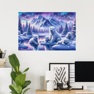 Affiche Peinture de scène enneigée de famille d'ours polai