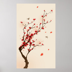 Affiche Peinture de style oriental, fleur de prune au prin