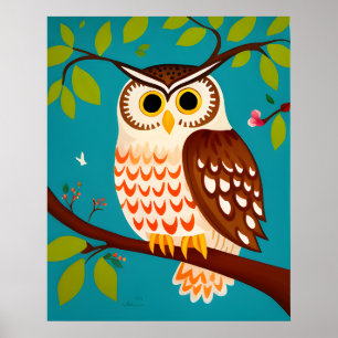 Affiche Peinture de style Whimsical d'un hibou sur un arbr