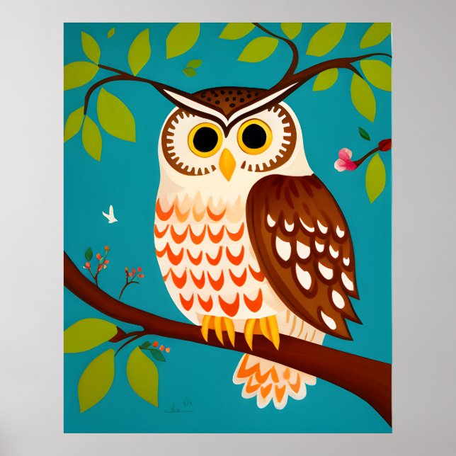 Affiche Peinture de style Whimsical d'un hibou sur un arbr (Devant)