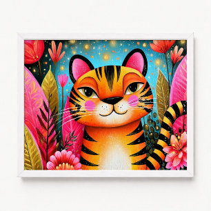 Affiche Peinture de tigre orange à fleurs roses