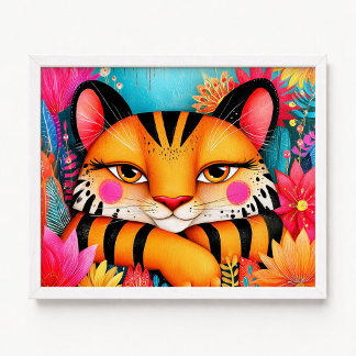 Affiche Peinture de tigre orange floral rose souriant