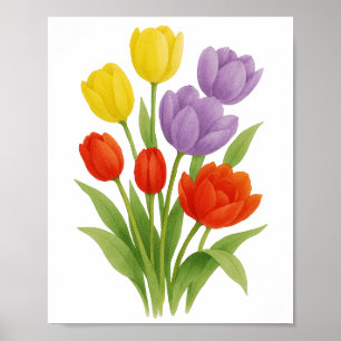 Affiche Peinture de tulipes jaunes rouges violettes Art mu