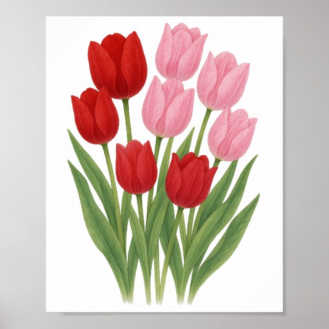 Affiche Peinture de tulipes rouges et roses Décor d'art mu (Devant)