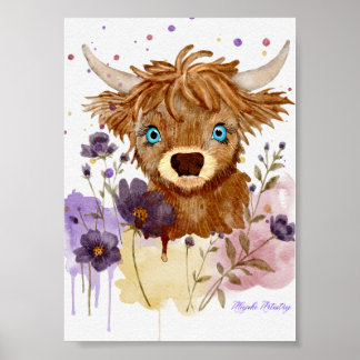 Affiche peinture de vache highland à l'aquarelle libre