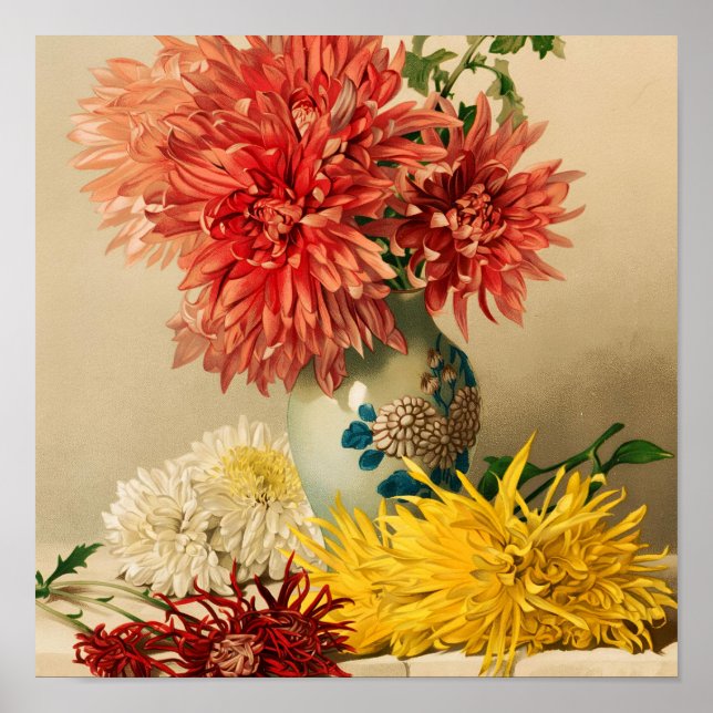 Affiche Peinture de vase en céramique avec fleurs de chrys (Devant)