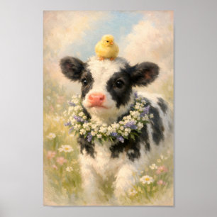 Affiche Peinture de veau avec poussin et couronne de fleur