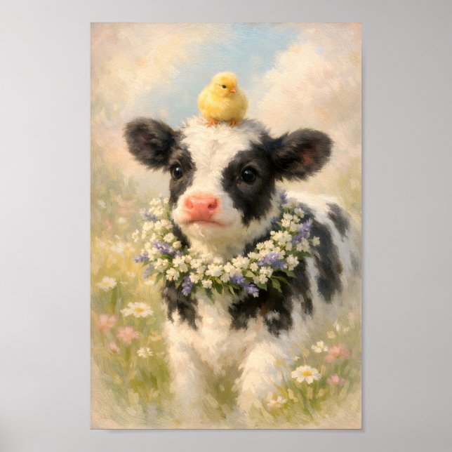 Affiche Peinture de veau avec poussin et couronne de fleur (Devant)