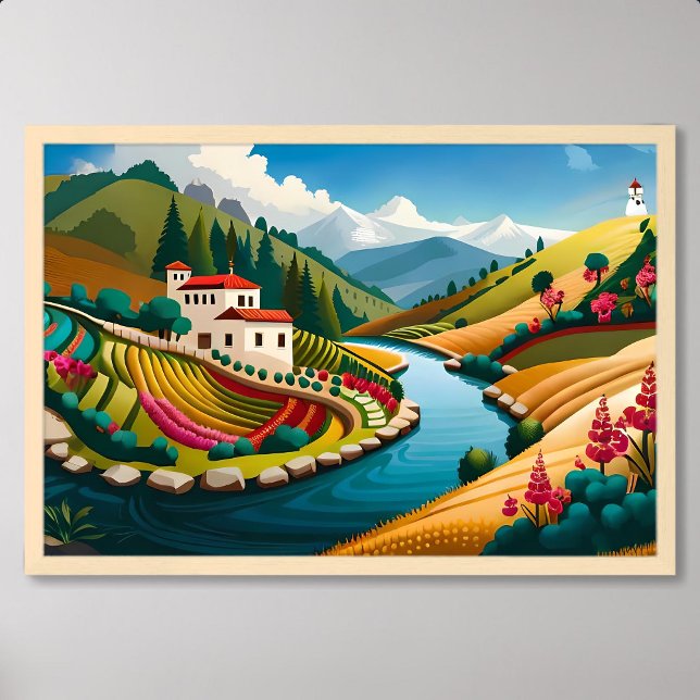 Affiche Peinture de village avec rivière Rocky et champs l (Village Painting with Rocky River and Lush Fields)