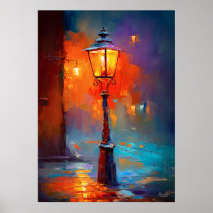 Affiche Peinture de ville impressionniste de lampe de rue 