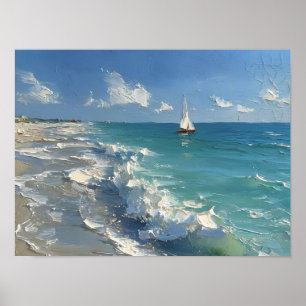 Affiche Peinture de voilier aux vagues de l'océan turquois