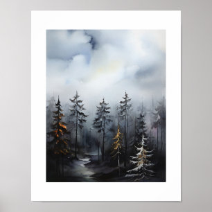 Affiche Peinture de vue d'arbres de forêt brumeuse