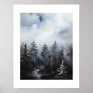 Affiche Peinture de vue d'arbres de forêt brumeuse